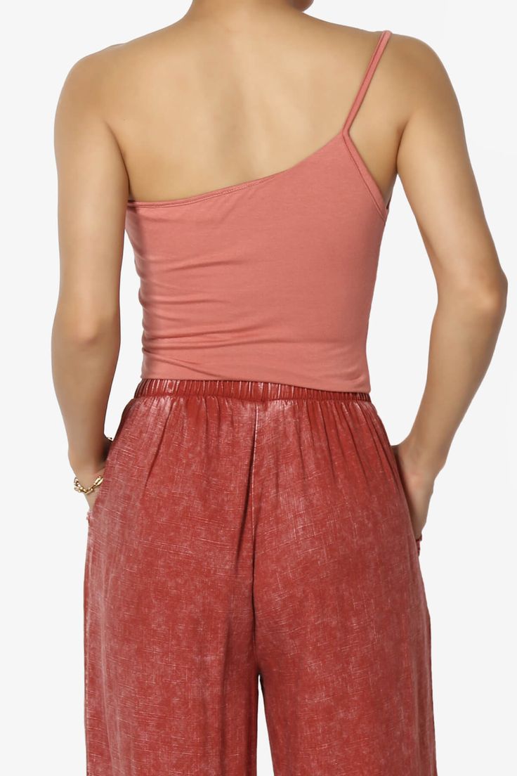 Flaunt your summer style with this chic One Shoulder Strap Double Layered Crop Cami Tank Top.This lightweight, sleeveless cami features a trendy asymmetric scoop neck and spaghetti strap, making it an ideal choice for cool summer outfits or as a versatile layer for streetwear looks.A modern classic that's both casual and fitted, it's lined for quality and designed for day-to-night versatility.Pair with high-waisted jeans or a flowy skirt for effortless travel-ready ensembles that transition seamlessly from a casual weekend vibe to vacation flair. Ideal for Trendy One-Shoulder Design: Stand out with the asymmetric neckline and single spaghetti strap, perfect for streetwear fashion.Soft Jersey Comfort: Enjoy the soft, stretchable comfort of a rayon jersey knit fabric in this lightweight, fit Casual Summer Camisole With Built-in Bra, Casual Summer Tank Top With Built-in Bra, Summer Tops With Spaghetti Straps And Built-in Bra, Summer Camisole With Built-in Bra And Scoop Neck, Summer Scoop Neck Camisole With Built-in Bra, Summer Stretch Camisole Solid Color, Stretch Summer Camisole Solid Color, Casual Solid Color Camisole With Spaghetti Straps, Casual One-shoulder Cotton Tank Top