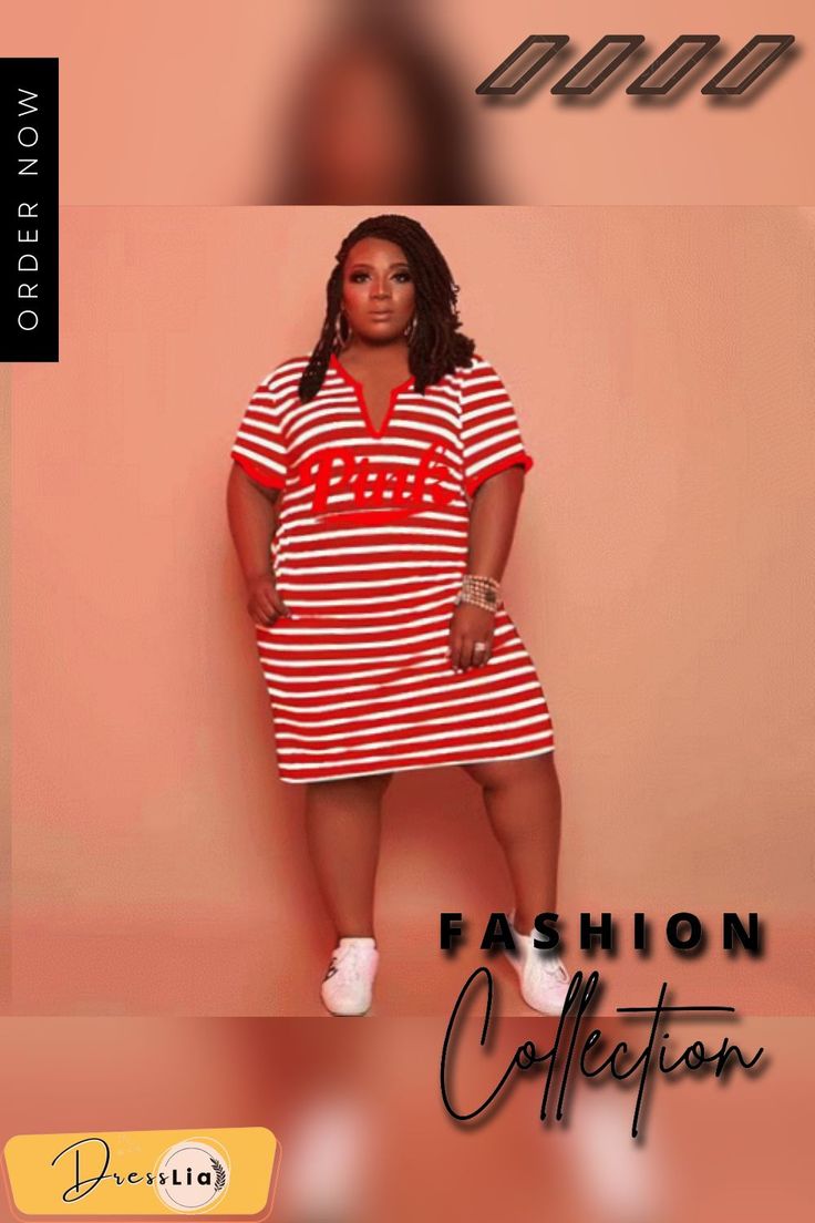 Striped V-neck Short Sleeve Casual Plus Size Dress Casual Pink V-neck Dress For Day Out, Casual Red V-neck Dress For Spring, Casual Pink V-neck Midi Dress, Casual Red V-neck Midi Dress, Striped V-neck Midi Dress For Day Out, Casual Striped V-neck Dress, Casual Striped V-neck Midi Dress, Casual Striped V-neck Shirt Dress, Striped V-neck Fitted Shirt Dress