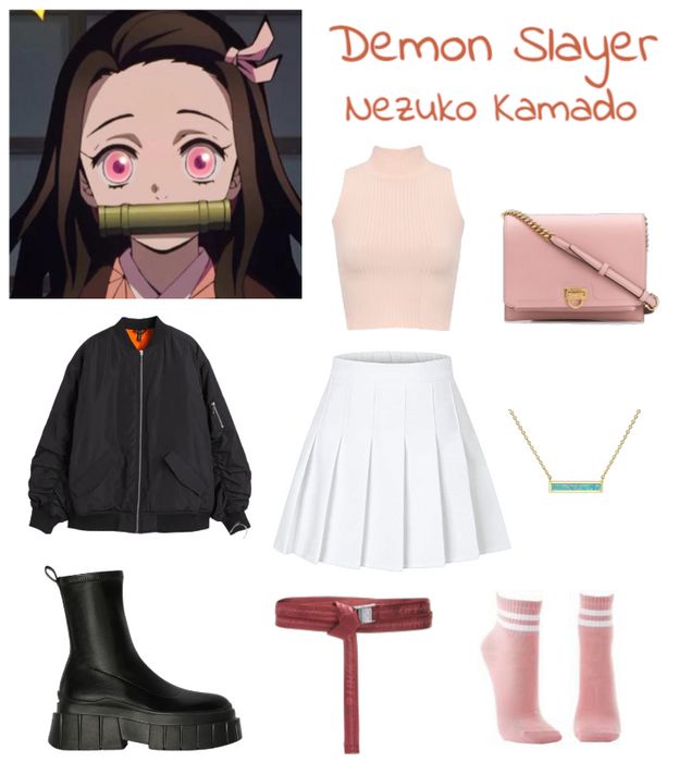 Channel the fierce yet graceful spirit of Nezuko Kamado with this demon slayer-inspired outfit. Featuring a blend of soft pastels and sharp black accents, this look is perfect for anyone looking to add a touch of edge and sophistication to their wardrobe. Whether you're cosplaying or just want to make a statement, this look is sure to inspire others to embrace their own inner strength and beauty. So step into the world of demon slayer with style and confidence! Character Inspired Outfits Anime, Demon Slayer Style, Anime Fashion Outfits, Demon Slayer Zenitsu, Monster High Cosplay, Chic Black Outfits, Nezuko Cosplay, Character Inspired Outfits, Anime Inspired Outfits