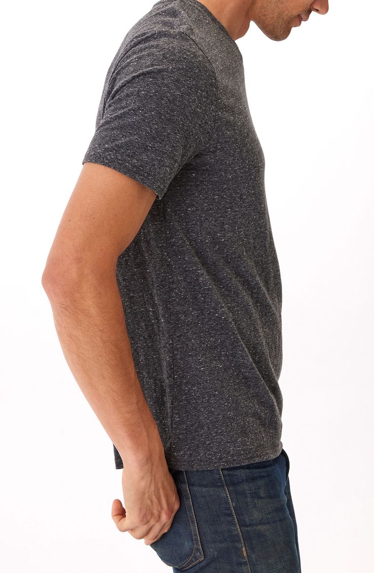 A softly slubbed knit brings casual, old-favorite vibes to a T-shirt crafted for feel-good comfort with recycled and sustainably produced fibers. 28" length (size Medium)   V-neck   Short sleeves   50% recycled polyester, 38% organic cotton, 12% rayon   Machine wash, dry flat   Imported Heather Tri-blend Crew Neck Top, Washed Black Crew Neck T-shirt For Loungewear, Casual Heather Crew Neck T-shirt, Casual Washed Black Tops For Gatherings, Casual Heather Crew Neck Tops, Casual Heather Tops For Everyday, Tshirt Crafts, Heather Black, V Neck T Shirt