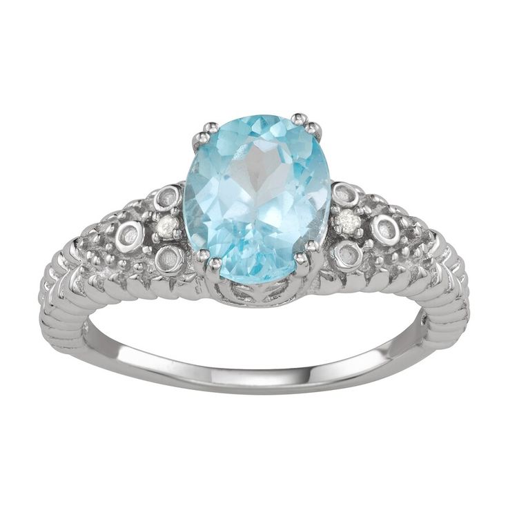 Featuring an oval-cut, sky blue topaz accentuated with diamonds, this sterling silver ring offers a touch of elegance. Featuring an oval-cut, sky blue topaz accentuated with diamonds, this sterling silver ring offers a touch of elegance. Width: 8.80 mm Metal: sterling silver Finish: polishedSTONE DETAILS Stone type: blue topaz Total weight: 2 5/8 ct. Center stone size: 9 mm x 7 mm Shape: oval Setting: prongDIAMOND DETAILS Total weight: less than 1/10 ct. Shape: round Setting: flush, prong Gemsto Light Blue Oval Diamond Topaz Ring, Oval Topaz Ring With Diamond And Gemstone Accents, Oval Blue Topaz Ring With Diamond Accents, Oval Aquamarine Ring With Diamond Accents, Oval Aquamarine Rings With Diamond Accents, Oval Aquamarine Diamond Ring With Accents, Oval Topaz Ring With Diamond Accents For Anniversary, Oval Aquamarine Diamond Ring With Diamond Accents, Oval Blue Topaz Diamond Ring With Accents