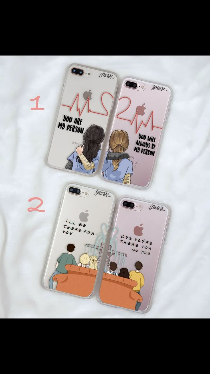 three phone cases with cartoon characters on them, one is for two people and the other has