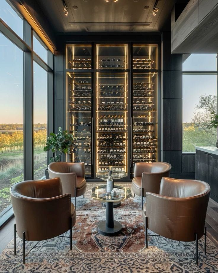 a living room filled with lots of furniture and wine bottles in the wall behind it