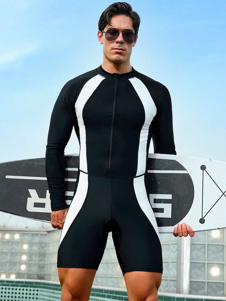 Black and White  Collar Long Sleeve Fabric Colorblock  Embellished High Stretch  Men Clothing Elemental Spirits, Sleeve Swimsuit, Long Sleeve Swimsuit, One Piece Bathing Suit, Man Swimming, Mens Glasses, Men Clothing, Rash Guard, White Collar