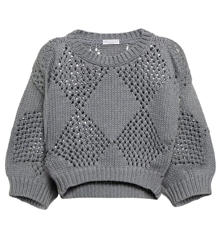 Brunello Cucinelli’s cotton-blend sweater takes inspiration from the rustic textures of matting for a lightweight yet comfortable feel. It’s defined by its volume sleeves and diamond-patterned net-effect knit. Knitting Fashion, Volume Sleeves, Designer Shopping, Knit Stitch Patterns, Mohair Sweater, Knit Stitch, Knitting Women Sweater, Knitting Women, Knit Fashion