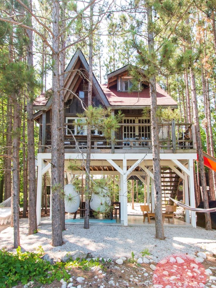 a house in the woods surrounded by trees