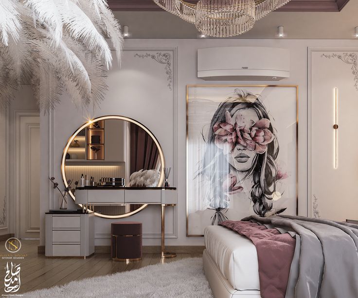 a bedroom decorated in white and pink with a large mirror on the wall next to it