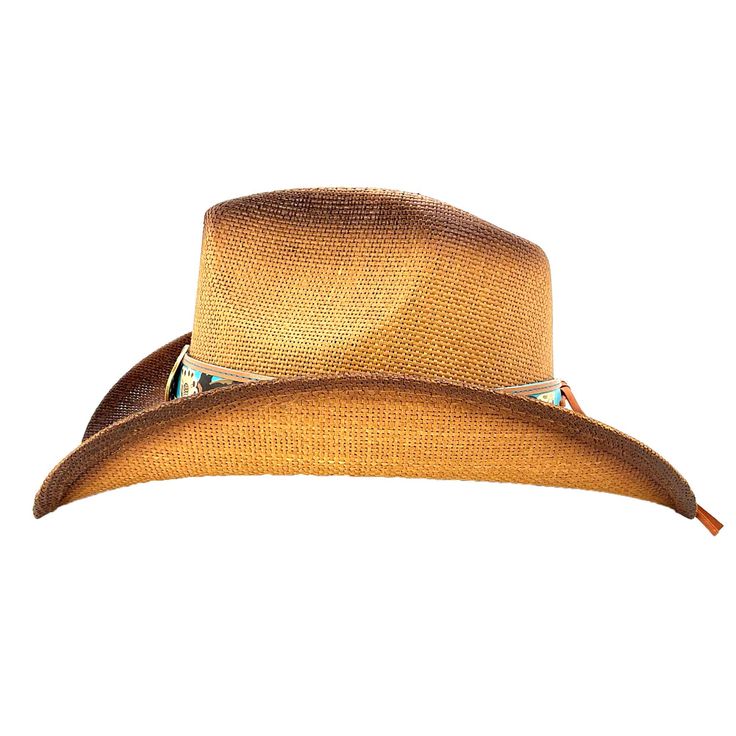 Tightly woven straw cowboy hat for sun protection. Distressed look created with stained crown and brim edge. Classic cowboy up curled brim, 3" wide. Faux leather band with brass color turquoise beaded concho. Wide elastic comfort sweatband. One size, best fit 57-59 cm. 100% straw One Size Fits Most Sun Hat With Curved Brim, Curved Brim Toquilla Straw Hat For Rodeo, Toquilla Straw Hat With Curved Brim For Rodeo, Wide Brim Sun Hat For Ranch, Western Style Sun Hat With Curved Brim, Western Brimmed Sun Hat, One Size Fits Most, Toquilla Straw Brimmed Hats For Ranch, Wide Brim Toquilla Straw Hat For Rodeo, Wide-brim Toquilla Straw Hat For Rodeo