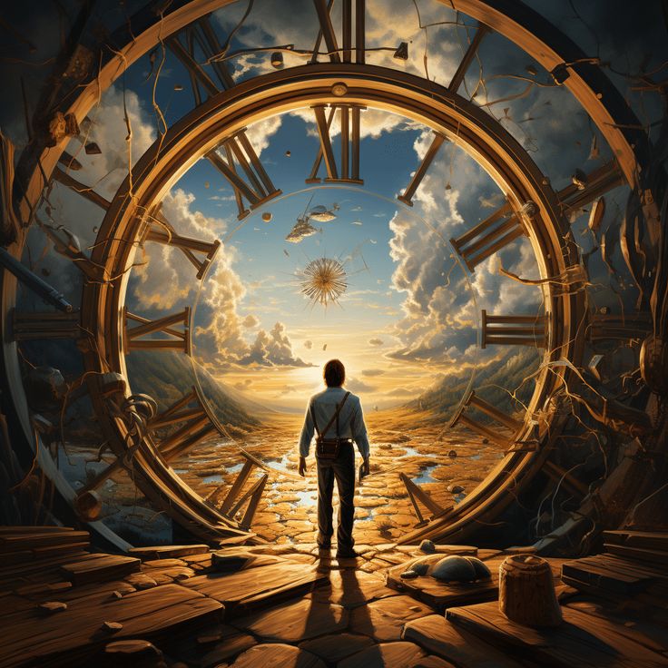 a man standing in front of a giant clock with the sky and clouds behind him