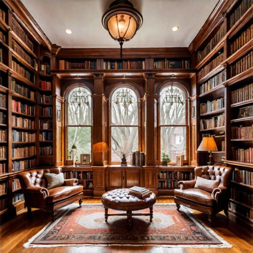 a living room filled with lots of brown furniture and bookshelves full of books