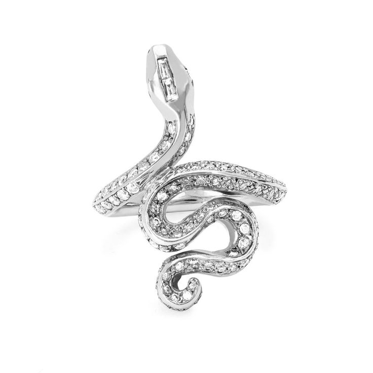 Kundalini Snake Ring with Pavé Diamonds - Logan Hollowell Elegant Snake-shaped Jewelry With Diamond Accents, Snake-shaped Diamond Jewelry For Anniversary, Diamond Snake Shape Jewelry For Anniversary, Snake Shape Diamond Jewelry For Anniversary, Fine Jewelry Snake Shape With Diamond Accents, Fine Jewelry With Diamond Accents In Snake Shape, Luxury Snake-shaped Jewelry With Diamond Accents, Luxury Snake-shaped Diamond Ring, Elegant Snake-shaped Diamond Ring