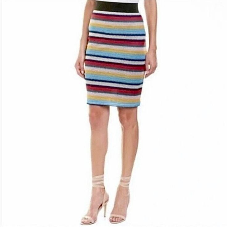 Parker Multicolor Stripped Pencil Skirt New With Tags Never Worn Size Medium Red, Punk, Yellow, Blue, Green,White Stripes Elastic Waist Textured Knit Lined 100% Polyester, Stretch Measurements Laying Flat Approximately: 14.5” Waist 18” Hips 24.5” Length 502 Chic Striped Knee-length Bottoms, Summer Workwear Skirt With Vertical Stripes, Chic Vertical Stripes Skirt For Spring, Fitted Striped Mini Skirt For Spring, Spring Striped Mini Skirt, Striped Mini Skirt For Spring, Chic Striped Mini Skirt With Lining, Spring Fitted Skirt With Vertical Stripes, Fitted Striped Mini Skirt