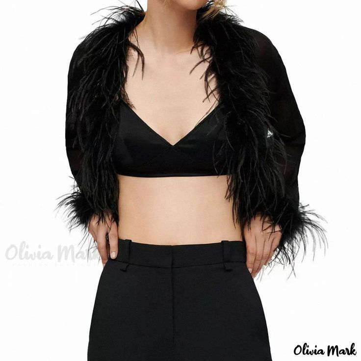 Olivia Mark - Sophisticated Faux Feather Trim Long Sleeve Tie Front Cropped Mesh Cardigan Feather Trim Outerwear For Night Out In Winter, Winter Feather Trim Outerwear For Night Out, Fall Long Sleeve Blazer With Feather Trim, Winter Night Out Outerwear With Feather Trim, Winter Outerwear With Feather Trim For Night Out, Black Formal Outerwear With Feather Trim, Formal Black Outerwear With Feather Trim, Evening Blazer With Feather Trim And Long Sleeves, Fitted Black Outerwear With Feather Trim