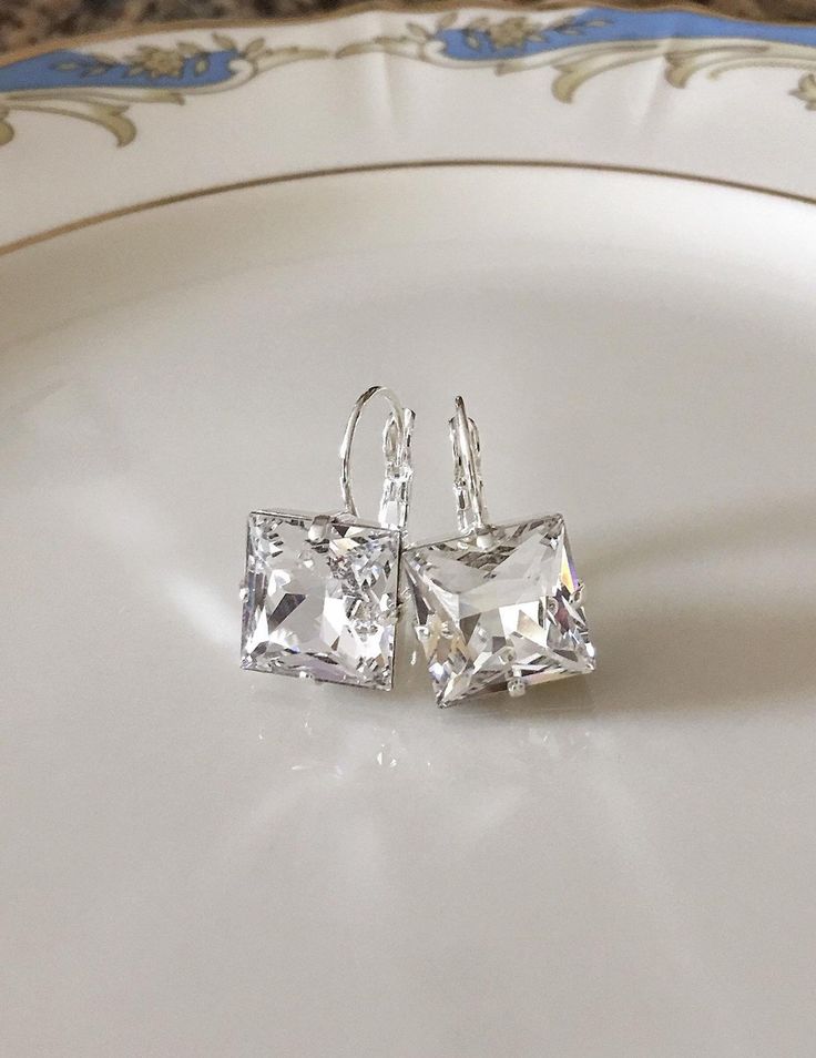 Silver or Rose Gold Square Swarovski crystal earrings simple | Etsy Simple Bridal Earrings, Princess Cut Earrings, Rose Gold Square, Accesories Jewelry, Swarovski Crystal Bracelet, Earrings Bridesmaid, Sparkly Earrings, Earrings Inspiration, Classy Jewelry