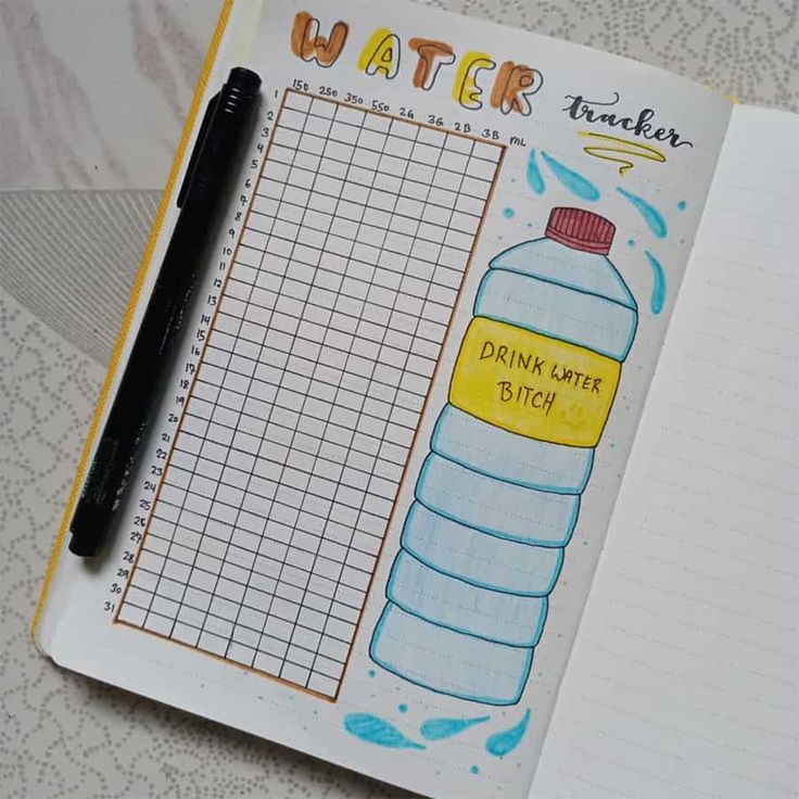 a notebook with a water bottle on it