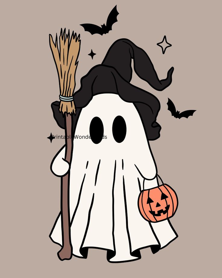 a cartoon ghost holding a broom and wearing a witches hat