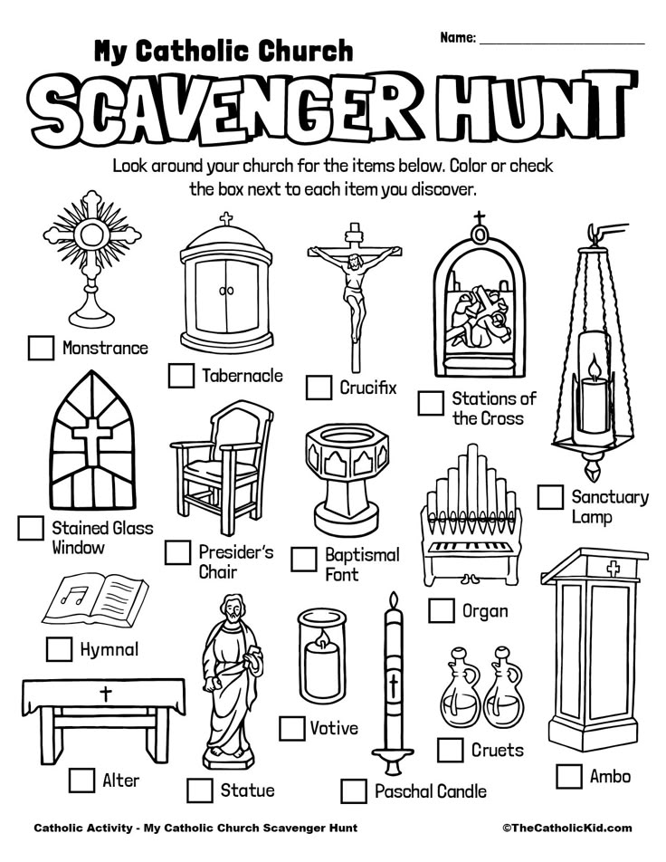 the catholic church scavenger hunt is shown in black and white, with an image of