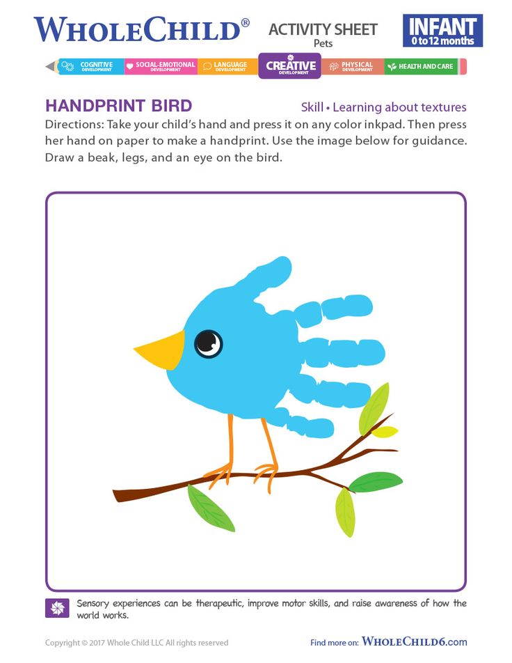 a blue bird sitting on top of a tree branch next to a hand print sheet