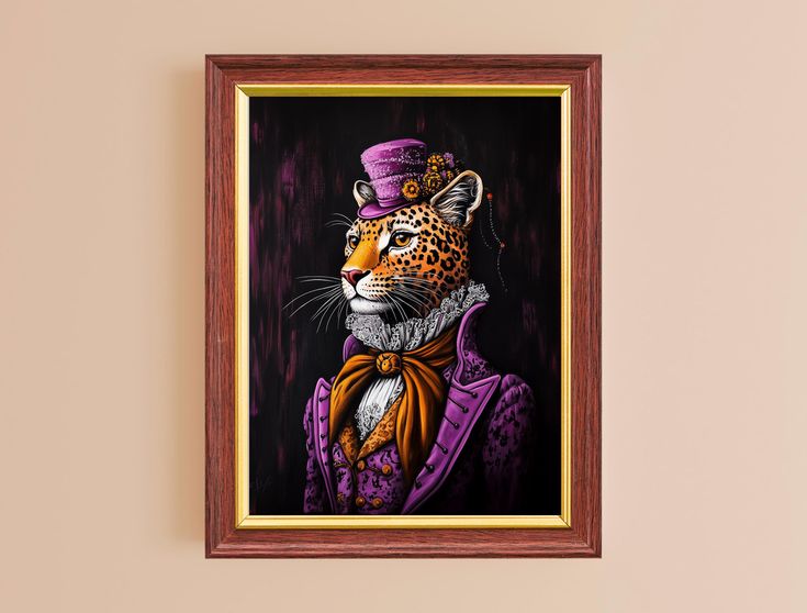 a painting of a cheetah in a purple suit and top hat on a wall