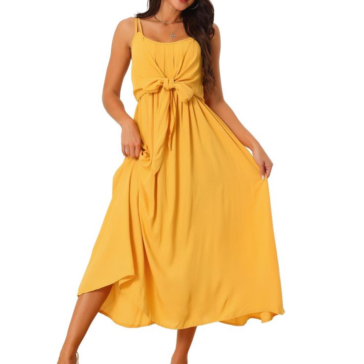 Step into summer with the Allegra K Women's Sleeveless Casual Midi Sundress, a must-have for your warm-weather wardrobe. This flowy, tie-front dress is designed to flatter any body shape, making it a versatile choice for various occasions.

- Material: Lightweight fabric for comfort and ease
- Color: Vibrant Yellow
- Size: Large
- Gender: Female
- Features: Adjustable straps for a perfect fit, sleeveless design ideal for summer

Perfect for everything from beach days to casual outings and family Beach Midi Dress With Adjustable Straps, Summer Strappy Midi Dress With Adjustable Straps, Strappy Midi Dress With Adjustable Straps For Summer, Midi-length Suspender Dress With Adjustable Straps For Brunch, Solid Vacation Dress With Adjustable Straps, Brunch Sundress With Adjustable Straps And Midi Length, Strappy Midi Sundress For Brunch, Brunch Midi Sundress With Straps, Midi Sundress With Straps For Brunch