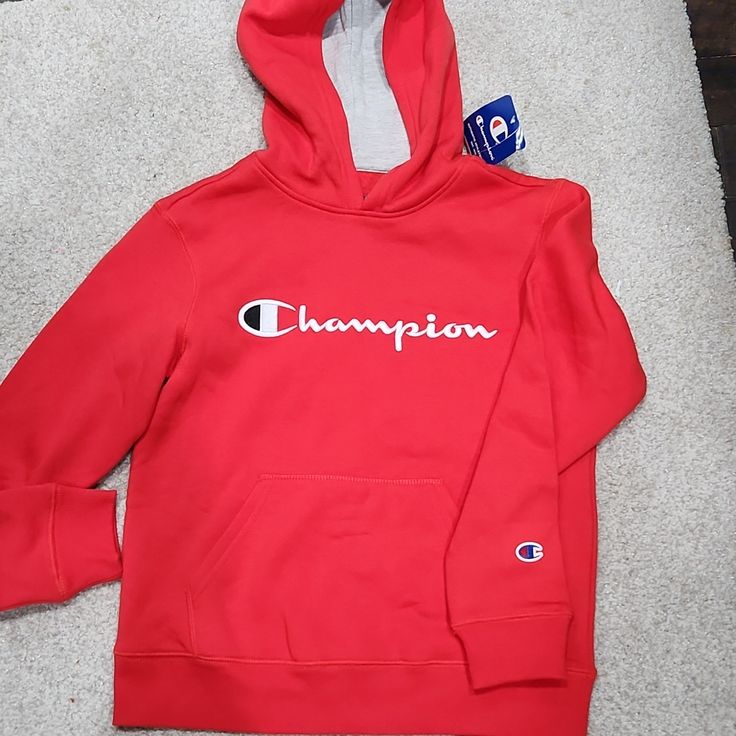 New Red Champion Medium Boys Hoodie Red Hoodie Sweatshirt With Adjustable Hood, Red Hooded Tops With Letter Print, Red Hooded Top With Letter Print, Red Hooded Sweatshirt With Adjustable Hood, Winter Red Hoodie With Letter Print, Red Winter Hoodie With Letter Print, Red Hooded Fleece Sweatshirt, Red Cotton Hooded Sweatshirt, Red Hooded Cotton Sweatshirt