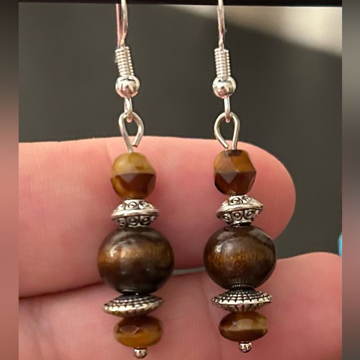 Artisan Handmade With Love, Dangling Gorgeous Beaded Earrings. One Of A Kind. Tigers Eye, Wood, & Silver Beads. Silver Beaded Round Earrings Gift, Silver Beaded Round Earrings For A Gift, Spiritual Beaded Earrings Gift, Spiritual Beaded Earrings For Gift, Artisan Beaded Metal Earrings For Gift, Artisan Beaded Earrings For Gift, Beaded Sterling Silver Earrings For Gift, Brown Sterling Silver Dangle Jewelry, Gift Silver Beaded Round Earrings