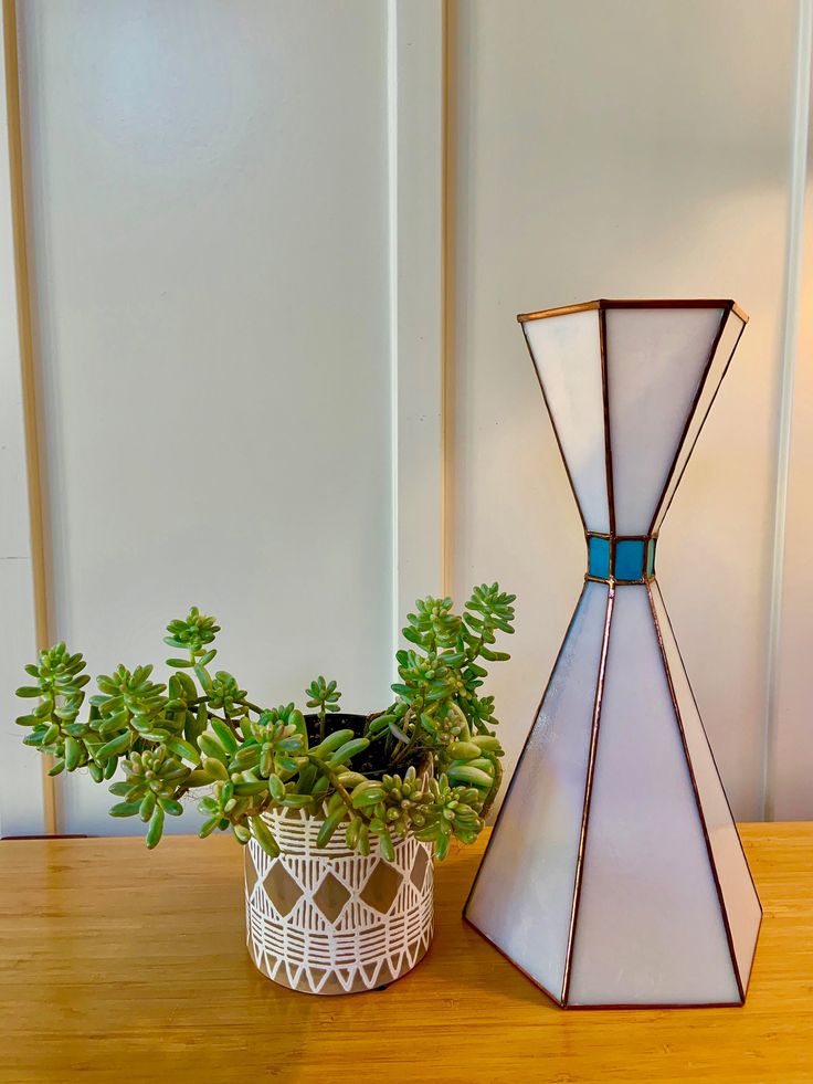 a potted plant sitting next to a glass vase on a wooden table with white walls in the background