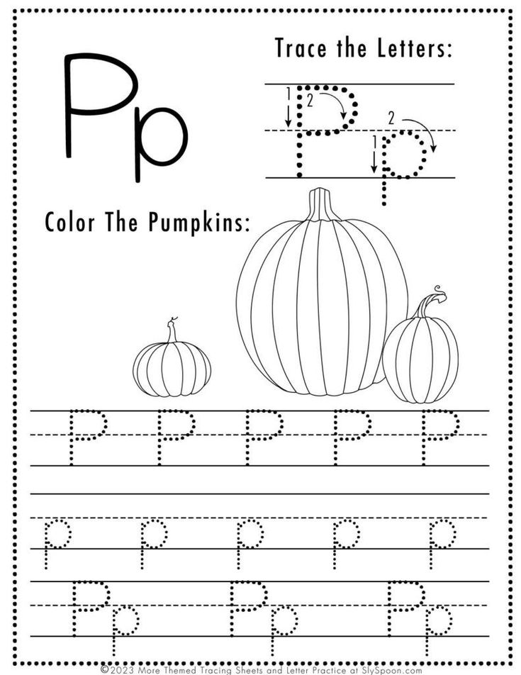 letter p worksheet with pumpkins and letters to practice writing the letter p