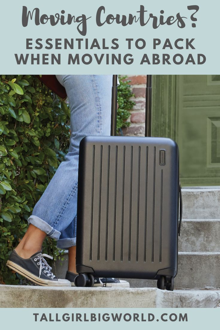 a woman standing on steps with her luggage and the words moving countries? essentials to pack when moving abroad