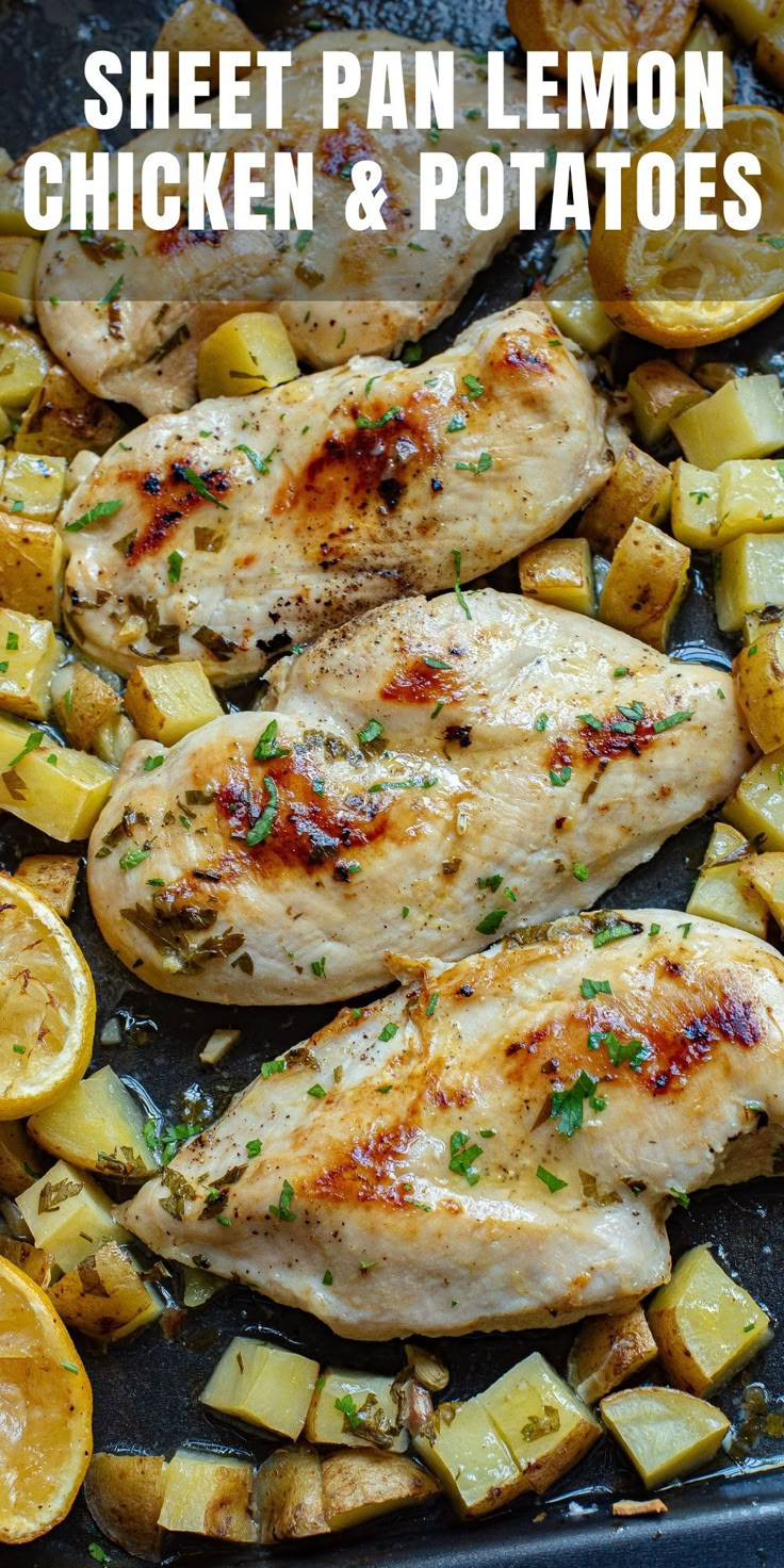 A pan with Baked chicken breasts and potatoes. Chicken And Russet Potatoes Recipes, Boneless Skinless Chicken Thigh Sheet Pan Dinner, Baked Chicken Breast And Potatoes, Chicken Breast And Potatoes, Oven Chicken And Potatoes, Sheet Pan Chicken And Potatoes, Roasted Chicken Breasts, Baked Boneless Chicken Breast, Pan Chicken Breast