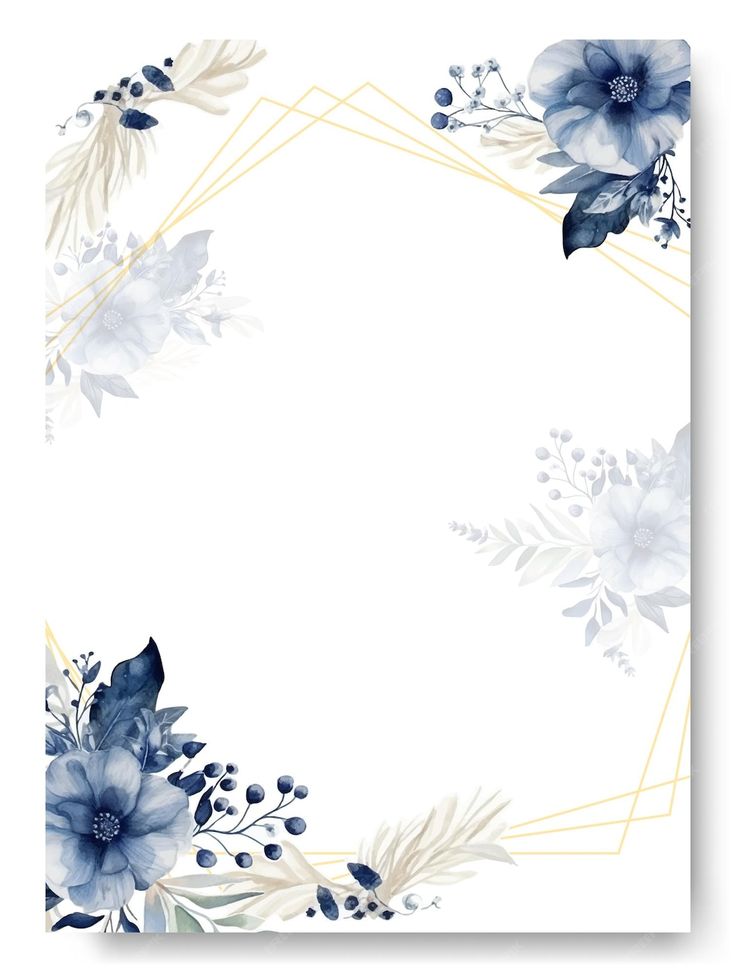 a white and blue floral background with gold geometric frame on the bottom, along with an image of flowers