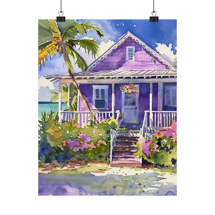 a watercolor painting of a purple house with palm trees and flowers on the front porch