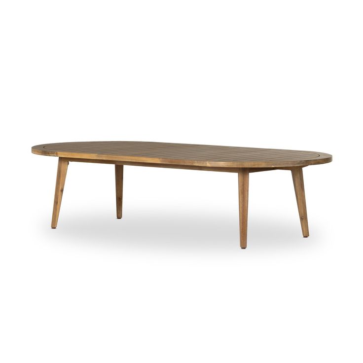 an oval wooden table with two legs and a wood top, on a white background