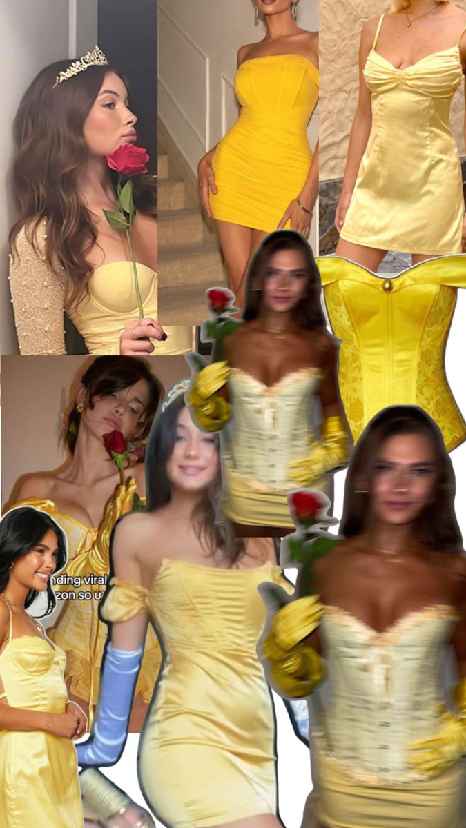 a collage of photos with women in yellow dresses