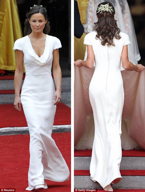 two pictures of the same woman in white dresses, one is wearing a tiara