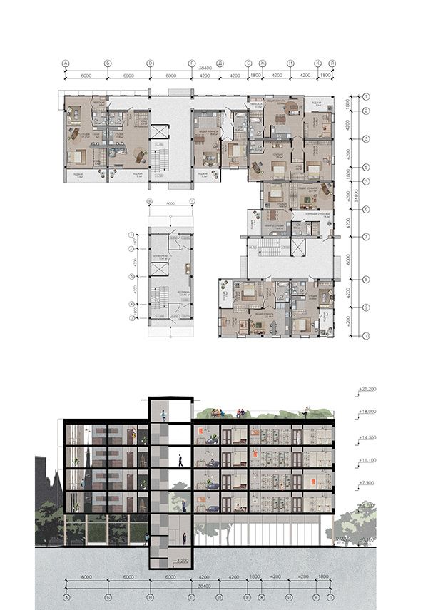 an architectural drawing shows the floor plan and elevation plans for two story buildings with multiple levels