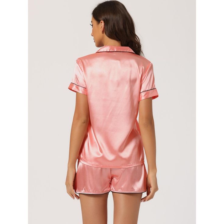 Great for loungewear, nightwear, sleepwear, home bedroom, and daily wear. This 2-piece sleepwear set, including short-sleeved tops and shorts, uses soft breathable pure satin, giving you the great dress experience. No matter the cozy bedtime, casual home relaxation, laze afternoon, or a relaxing bath, the soft and lightweight women's nightdress could accompany you all the time. It's a good choice to be a perfect gift for your mom, wife, daughter, girlfriend, or friends as loungewear or sleepwear Summer Short Sleeve Short Set For Sleepover, Summer Short Sleeve Bedtime Short Set, Summer Bedtime Short Set With Short Sleeves, Solid Short Sleeve Bedtime Sets, Pink Short Sleeve Sleep Set, Pink Short Sleeve Short Set For Sleep, Pink Short Sleeve Short Set For Bedtime, Solid Color Short Sleeve Sleepwear For Pajama Party, Pink Short Length Loungewear Set