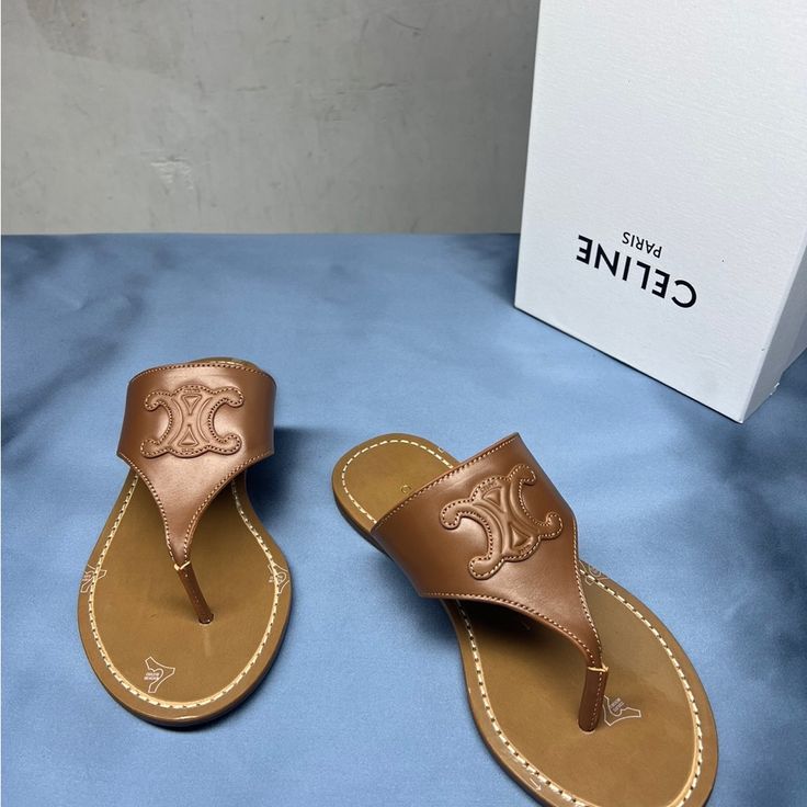 Brand New Luxury Closed Toe Sandals For Vacation, Designer Slip-on Calf Leather Sandals, Designer Calf Leather Slip-on Sandals, Chic Calf Leather Sandals For Beach, Luxury Slip-on Calf Leather Sandals, Luxury Slip-on Sandals In Calf Leather, Chic Calf Leather Beach Sandals, Designer Flat Calf Leather Sandals, Designer Summer Calf Leather Sandals