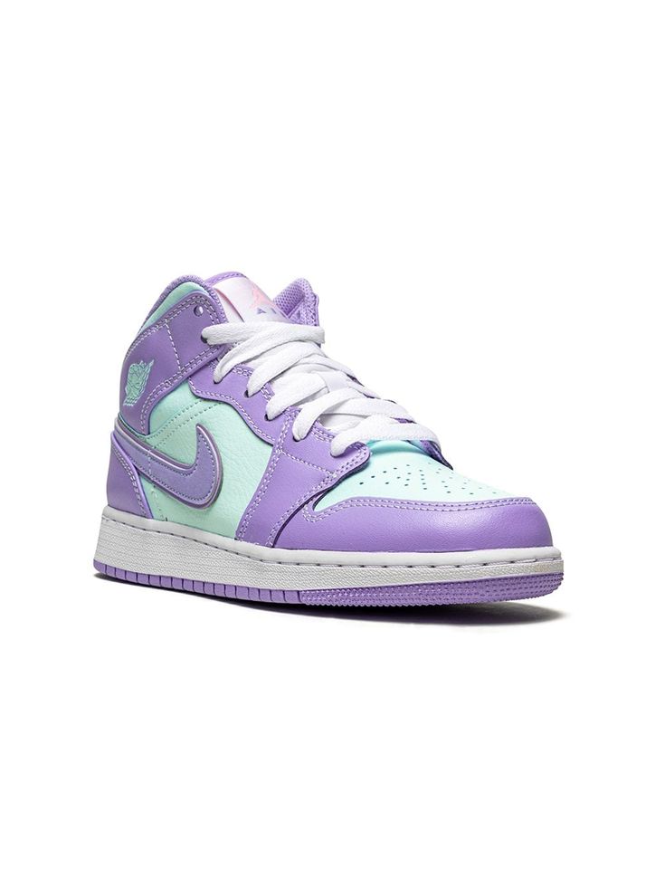 Purple/light green leather/rubber Air Jordan 1 Mid GS sneakers from Jordan Kids featuring signature Air Jordan Wings logo, signature Swoosh logo detail, contrasting panel detail, round toe, front lace-up fastening, logo patch at the tongue, ankle-length and rubber sole. These styles are supplied by a premium sneaker marketplace. Stocking only the most sought-after footwear, they source and curate some of the most hard to find sneakers from around the world.. | Jordan Kids Air Jordan 1 Mid GS sne Pastel Sneakers With Rubber Sole For Streetwear, Pastel High-top Sneakers For Streetwear, Pastel High-top Custom Sneakers For Streetwear, Casual Pastel High-top Custom Sneakers, Purple Lace-up Sneakers For Light Sports, High-top Pastel Sneakers With Rubber Sole, Pastel High-top Sneakers With Rubber Sole, Pastel Round Toe Sneakers For Streetwear, Pastel Lace-up Sneakers For Streetwear