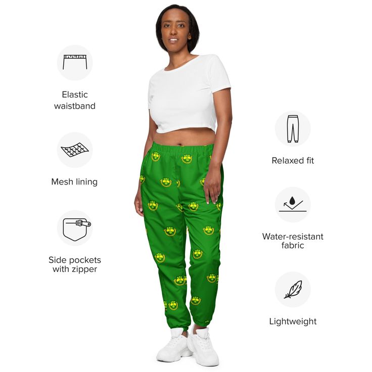 The Gey Hey track pants are your new go-to piece for working out or styling a streetwear outfit. The water-resistant, lightweight fabric and mesh lining provide comfort, while elastic ankle cuffs will make it easy for you to show off your kicks. • 100% polyester • Fabric weight: 2.21 oz/yd² (75 g/m²) • Lightweight, water-resistant fabric • Fully lined, mesh lining • Relaxed fit • Elastic waistband and ankle cuffs • Zip pockets • Sits at hipSize guide WAIST (inches) INSEAM LENGTH (inches) XS 25 2 Trendy Sports Sweatpants With Elastic Waistband, Green Parachute Pants With Elastic Waistband For Sports, Casual Green Nylon Pants, Green Athleisure Parachute Pants For Sports, Green Joggers With Elastic Waistband For Streetwear, Trendy Sweatpants With Elastic Waistband For Jogging, Trendy Sports Pants For Spring, Trendy Green Joggers With Elastic Waistband, Spring Nylon Sweatpants For Sports