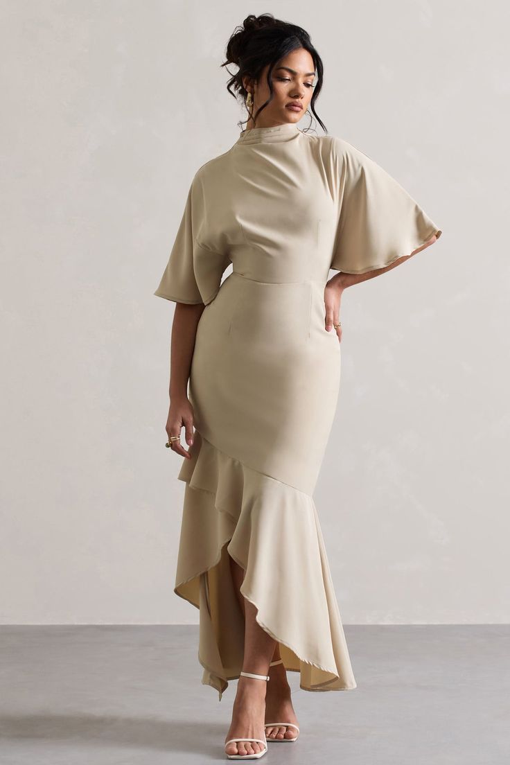 Lavinia | Champagne High-Neck Flutter-Sleeve Asymmetric Maxi Dress Long Sleeve Flowy Evening Dress, Long Sleeve Taupe Dress, High Necked Dress, High Neck Fall Dress, Jackie O Dresses Classy, Semi Formal Modest Dresses, Brown Dresses Wedding Guest, Beige Outfit Wedding Guest, Modest Cocktail Dresses