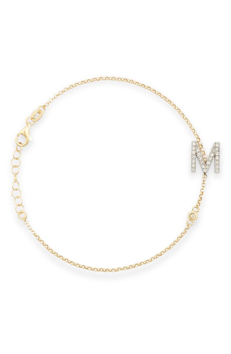 MESHMERISE Diamond Initial Bezel Bracelet | Nordstromrack Dainty Diamond Jewelry With Pave Setting, Fine Jewelry Cubic Zirconia Chain Bracelet With Single Diamond, Cubic Zirconia Chain Bracelet With Single Diamond, Fine Jewelry Diamond Accents Chain Bracelet In Diamond White, Diamond White Chain Bracelet With Diamond Accents, 14k White Gold Diamond Bracelet With Pave Setting, Sterling Silver Diamond Bracelet With Pave Setting For Anniversary, Classic Diamond Chain Bracelet With Pave Setting, Classic Diamond Chain Bracelet With Adjustable Chain