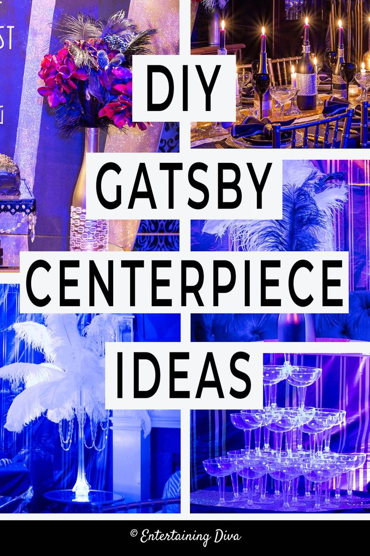 the words diy gatsby centerpieces are displayed in front of blue and purple