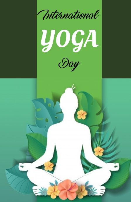 the international yoga day poster with a woman sitting in lotus position and flowers around her