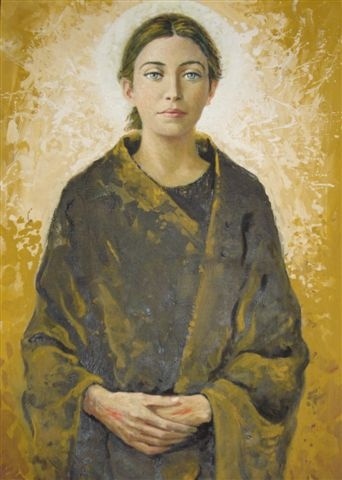 an oil painting of a woman with her arms crossed