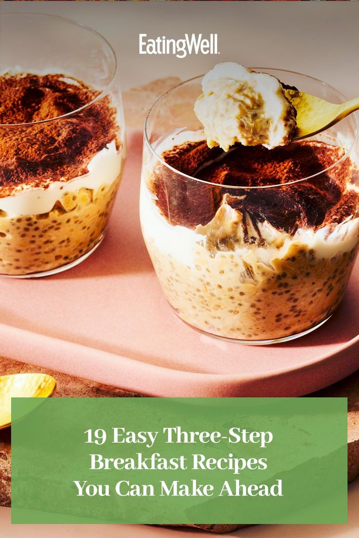 two desserts in glasses on a pink tray with the words 16 healthy breakfast recipes you can make in three steps or less