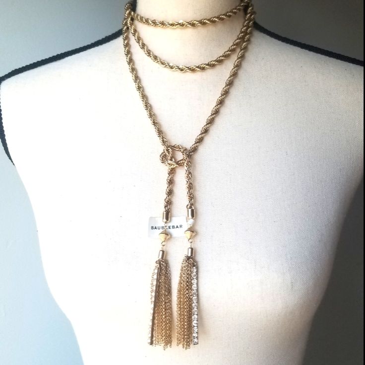 Absolutely Stunning Gold Lariat With Chain/Crystals Tassels. Brand New. Chic Party Tassel Necklace With Adjustable Chain, Elegant Metal Tassel Necklace For Parties, Adjustable Dangle Tassel Necklace For Party, Elegant Metal Tassel Necklace, Metal Lariat Tassel Necklace With Adjustable Chain, Adjustable Metal Lariat Tassel Necklace, Chic Adjustable Tassel Necklace For Party, Chic Tassel Necklace For Party, Lariat Jewelry With Tassels For Party