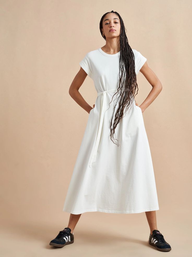 Andie Dress White | La Ligne NYC Chic Cotton T-shirt Dress For Spring, Chic Cotton T-shirt Dress For Summer, Summer Cotton Maxi Shirt Dress, Chic Cotton T-shirt Dress, Belted Maxi Dress For Workwear, Cotton Short Sleeve Maxi Dress For Daywear, Cotton Maxi Dress For Daywear, Spring Cotton Belted Dress, Belted Cotton Midi Dress For Spring