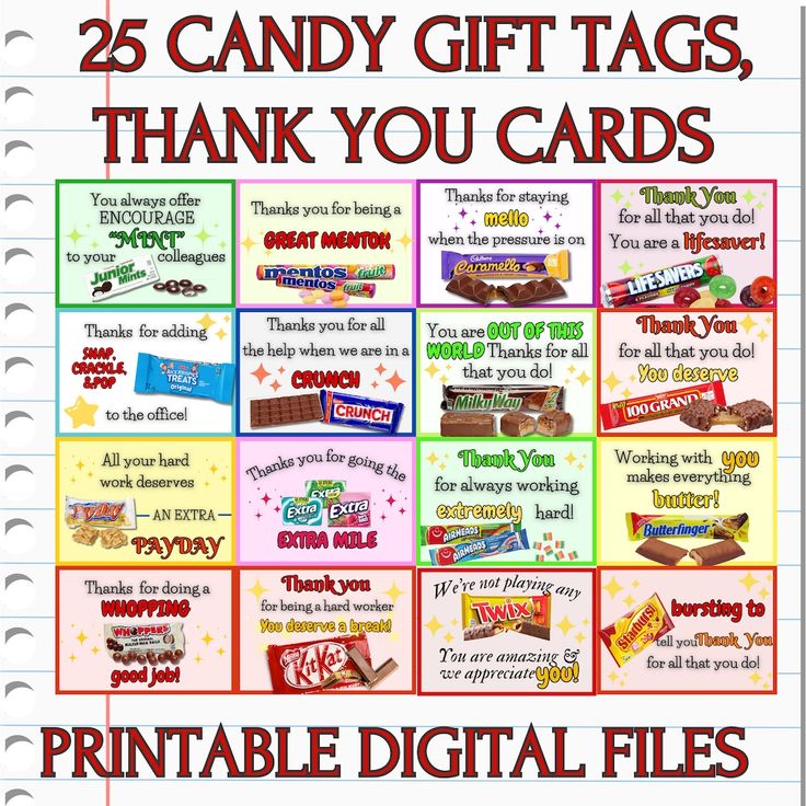 the 25 candy gift tags thank you cards printable digital files are available for purchase