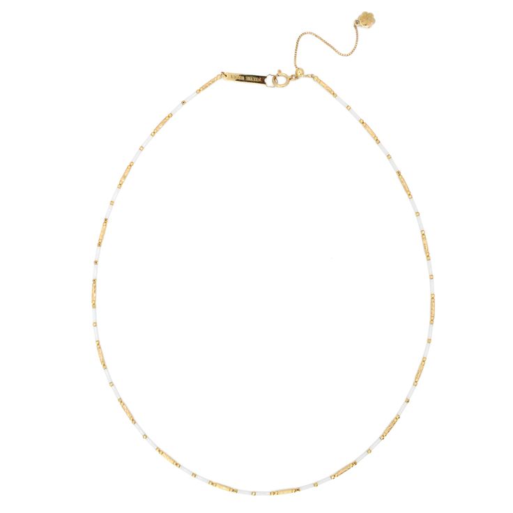 Indulge in the exquisite craftsmanship of our Handmade 18K Tube Beading Ceramic Chain. This one-of-a-kind necklace is made with 18K gold and features a unique ceramic chain. With a length of 16-18" and our signature silicon slide extender, this piece will elevate any outfit. White Pearl Chain Necklace With Round Beads, Luxury White Chain Necklace As Gift, Luxury White Chain Necklace For Gift, Luxury White Chain Necklace Gift, Luxury White Chain Necklace With Adjustable Chain, Luxury Necklace With Pearl Chain And Round Beads, Luxury Beaded Necklace With Round Beads, Luxury Pearl Chain Necklace With Round Beads, Elegant Beaded Necklaces With Adjustable Chain